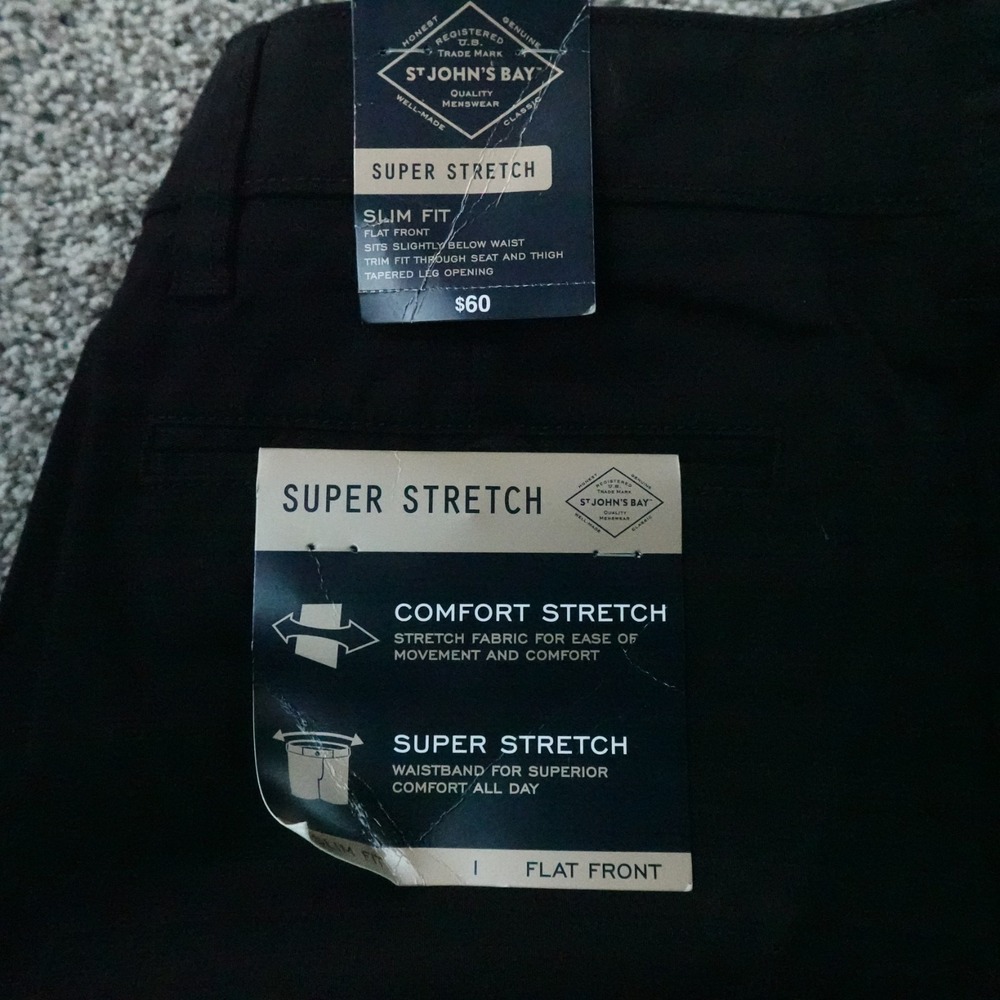 NEW St Johns Bay Pants Mens 29X30 Black Slim Fit Flat Front Chino Flex Stretch